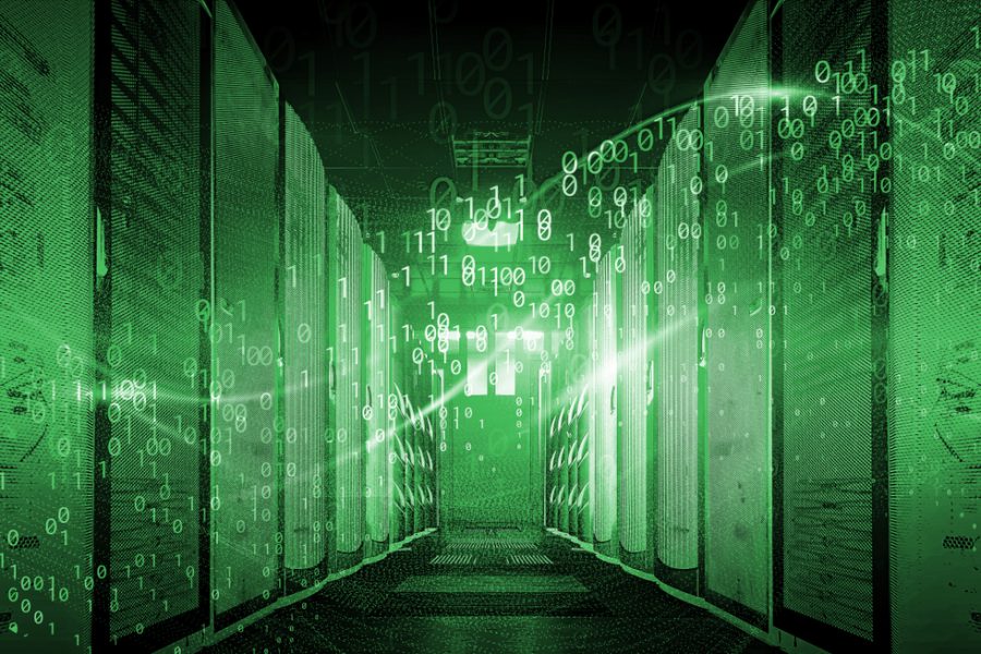 Digital illustration of a data center corridor rows of server racks illuminated in green tones.