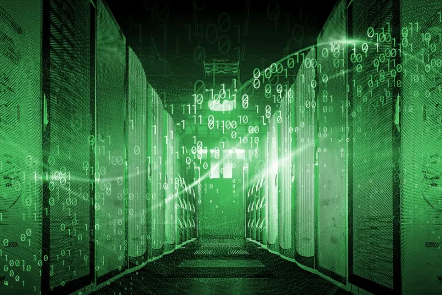 Digital illustration of a data center corridor rows of server racks illuminated in green tones.
