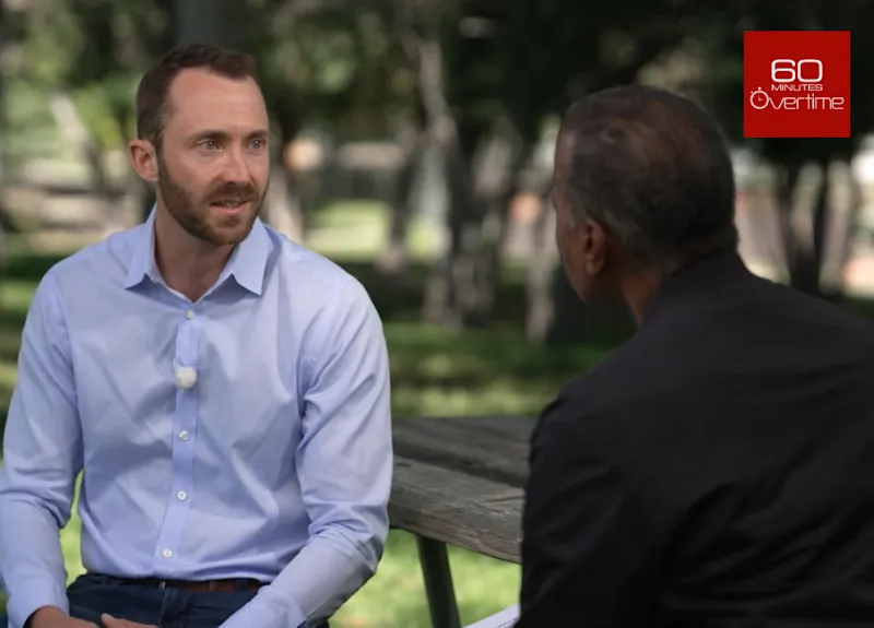 Image of Cully Cavness, Co-founder and COO of Crusoe, appearing on a 60 Minutes interview, discussing Wyoming's innovative strategies to combat climate change.