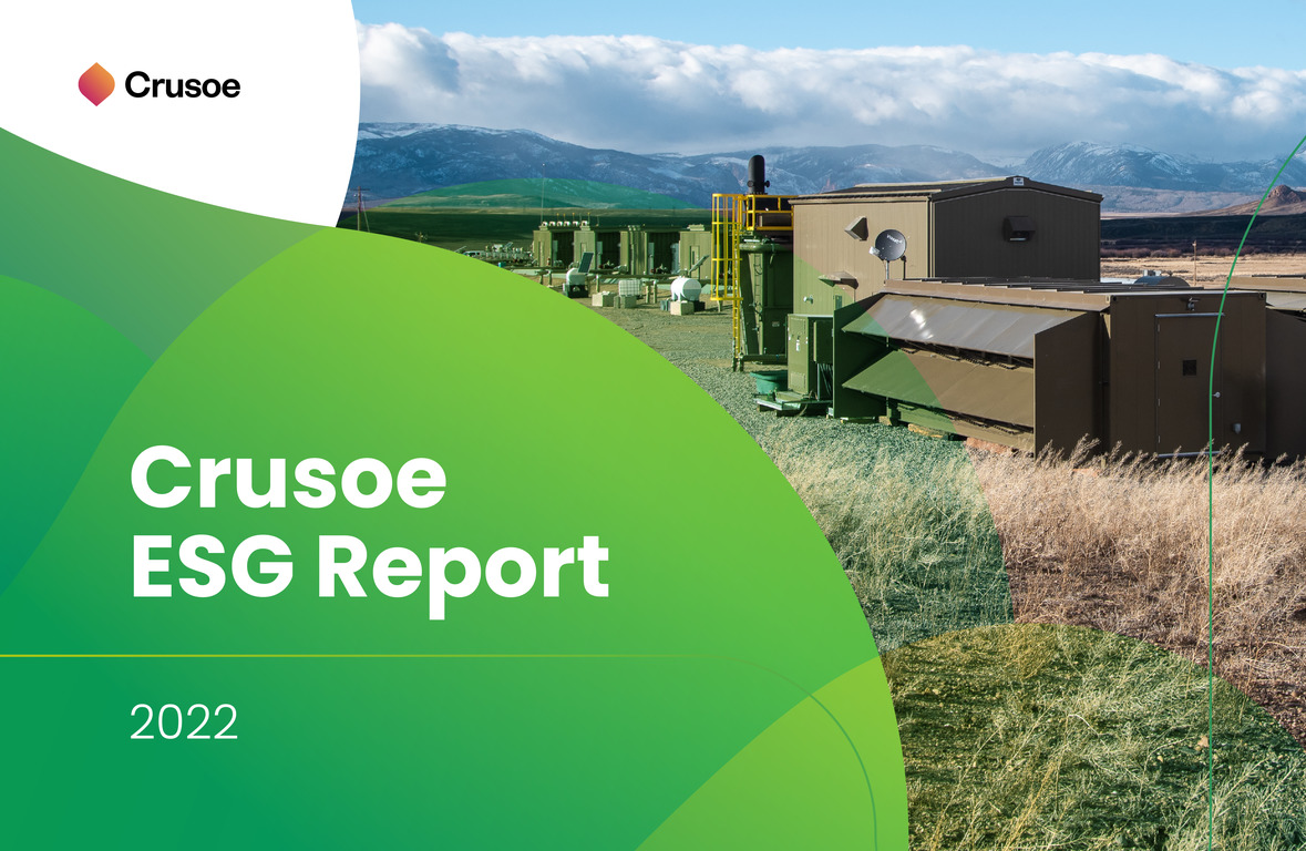 Cover of the Crusoe ESG Report 2022 showing green abstract overlays and a photo of Crusoe data center units.