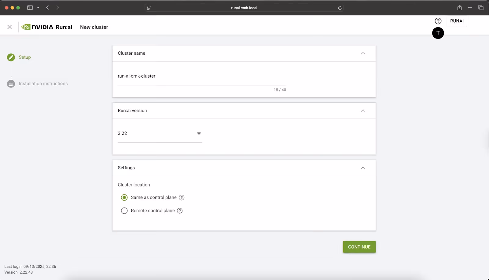Run:ai new cluster setup page with cluster name, version, and location settings.