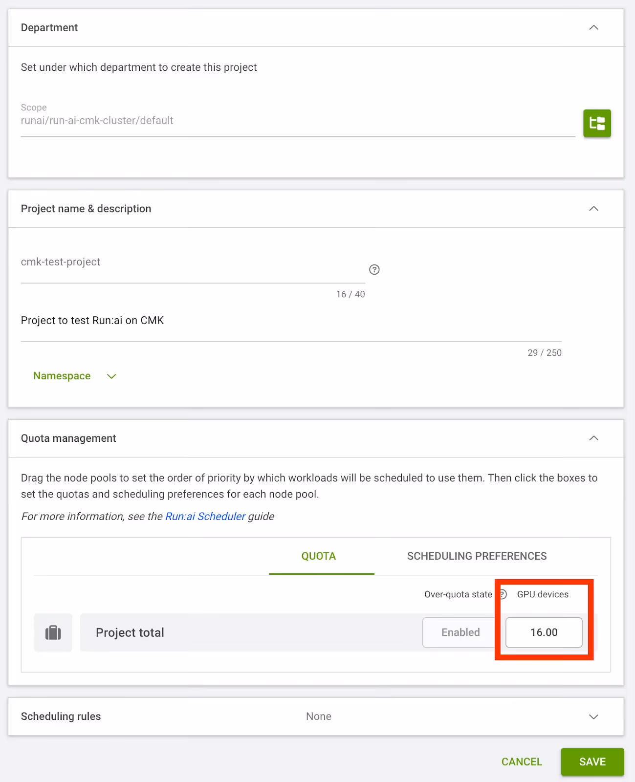 Run:ai project settings page with a 16 GPU quota configured.