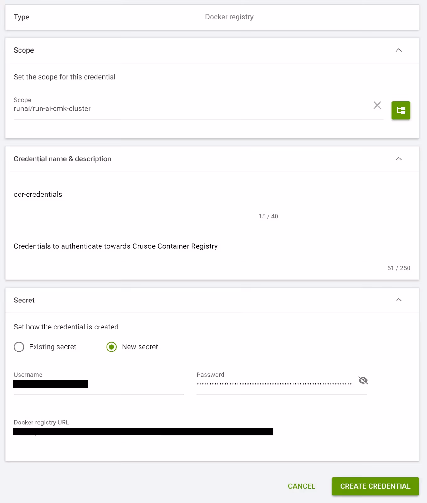 Run:ai Docker registry credential form for a cluster-scoped registry secret.