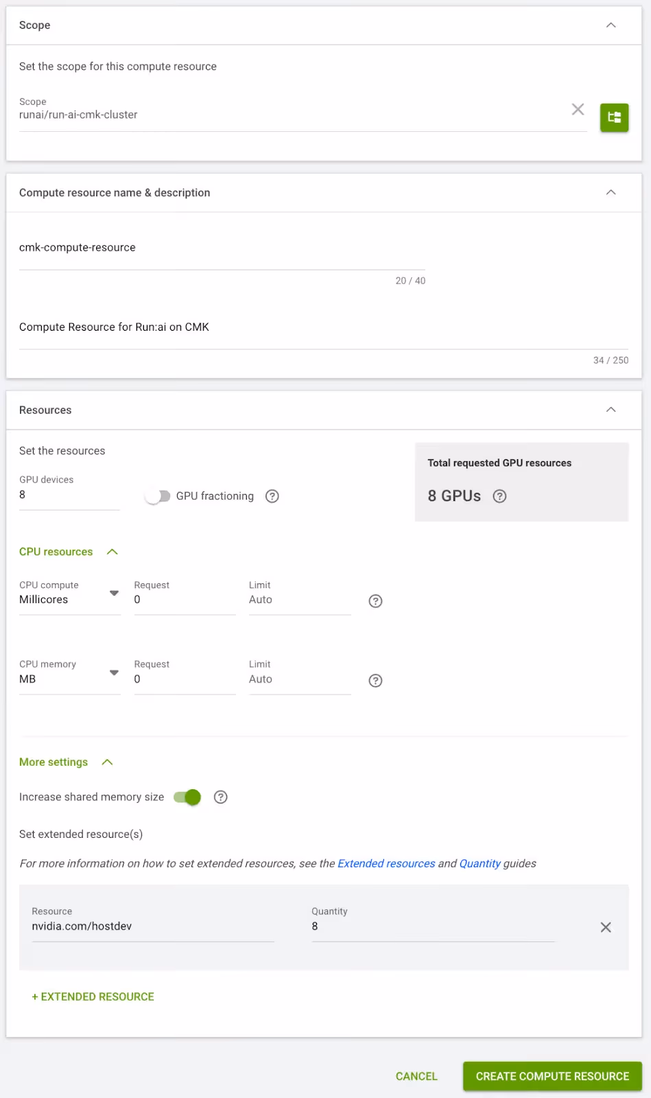 Run:ai compute resource form requesting 8 GPUs with extended resource settings.