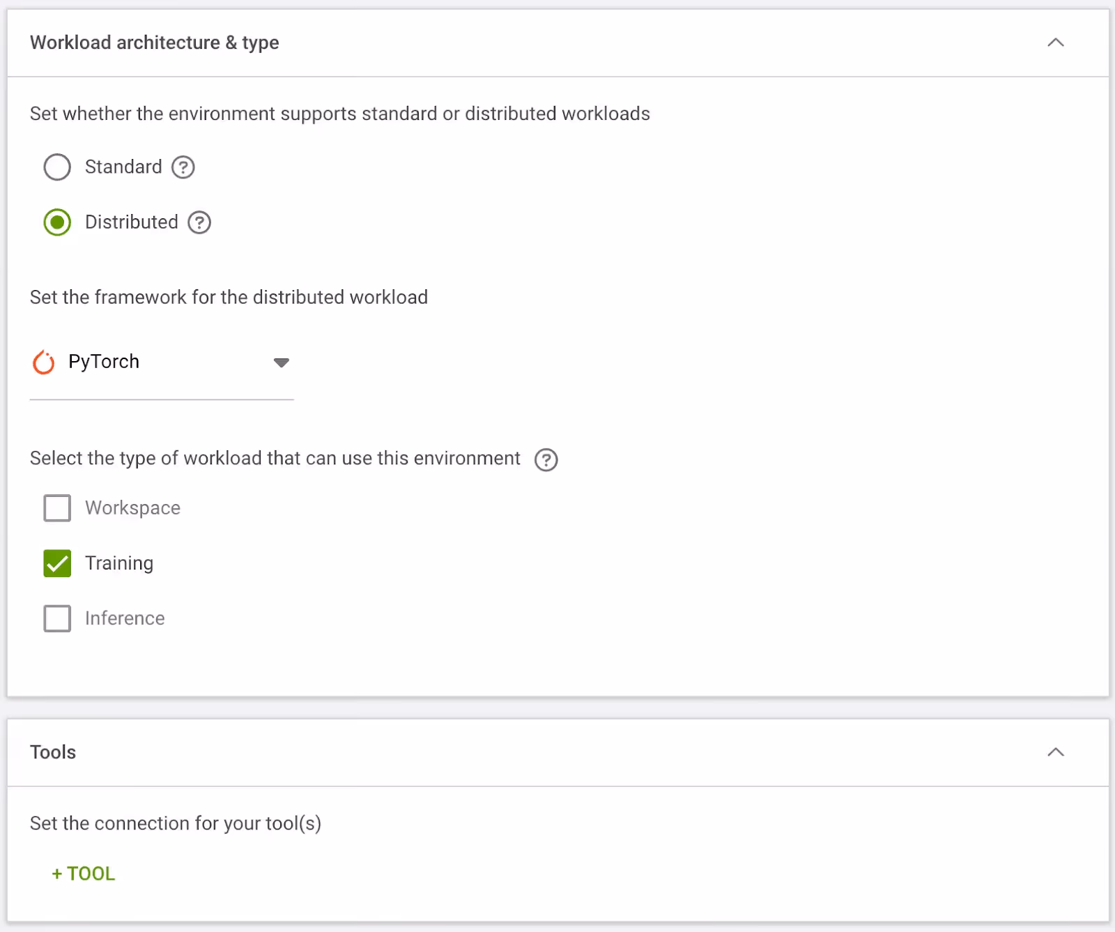 Run:ai environment form configured for distributed PyTorch training.