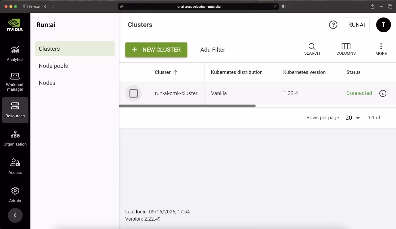 Run:ai clusters page showing one connected cluster.