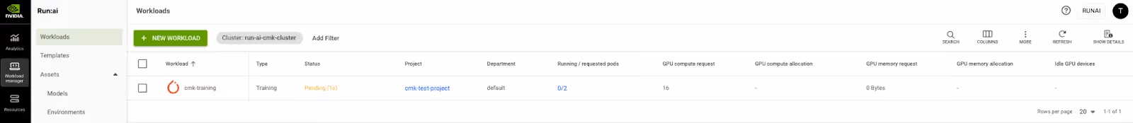 Run:ai workloads page showing a pending training workload.