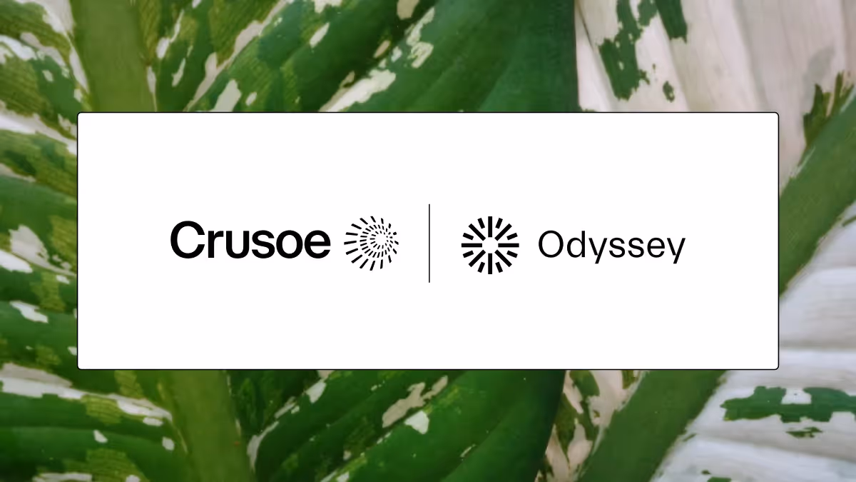 Logos of Crusoe and Odyssey AI, representing their strategic partnership to power general-purpose world models with scalable, energy-first AI cloud infrastructure.