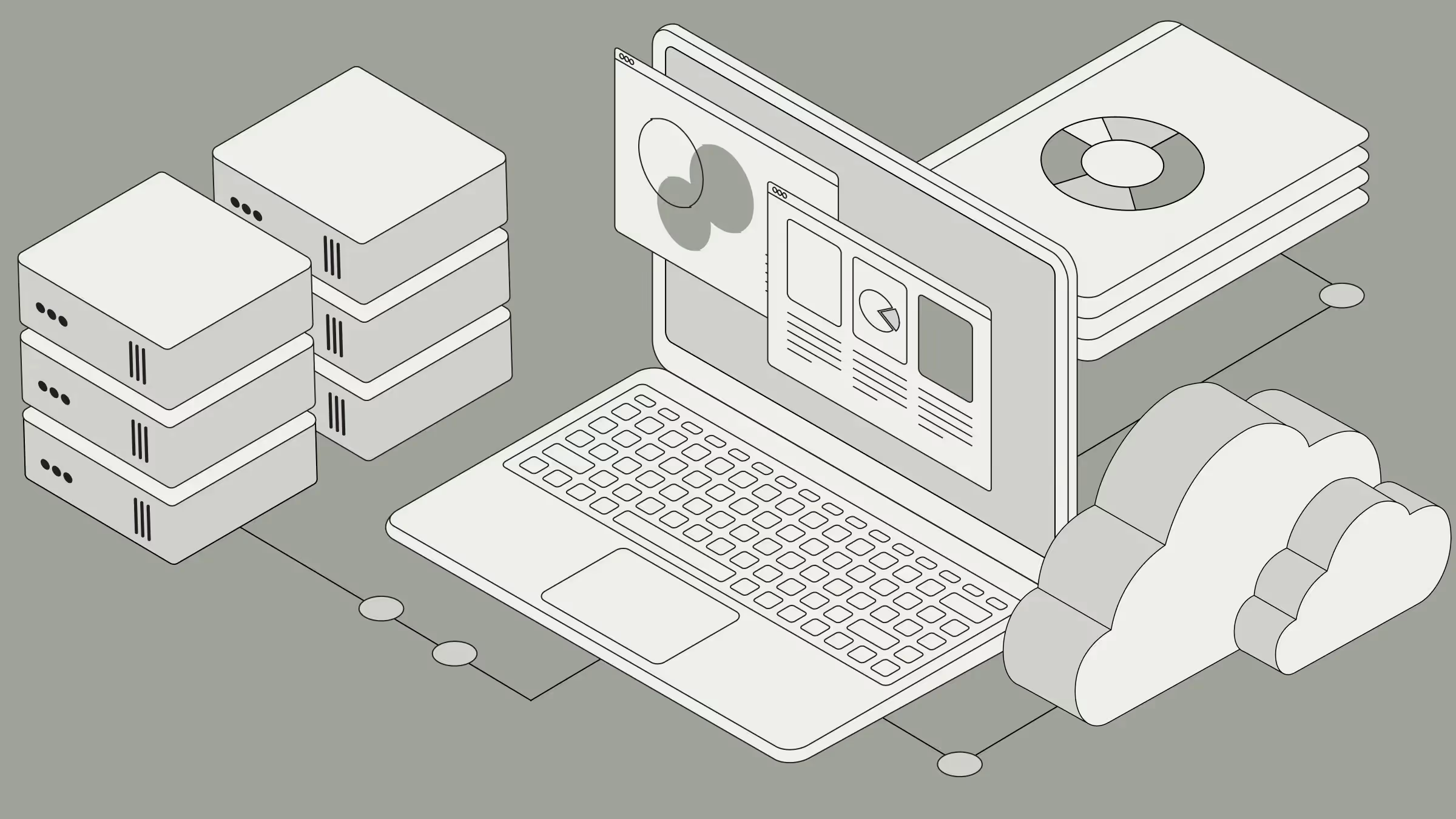 Isometric illustration of GPU cluster infrastructure with monitoring dashboard and cloud computing elements
