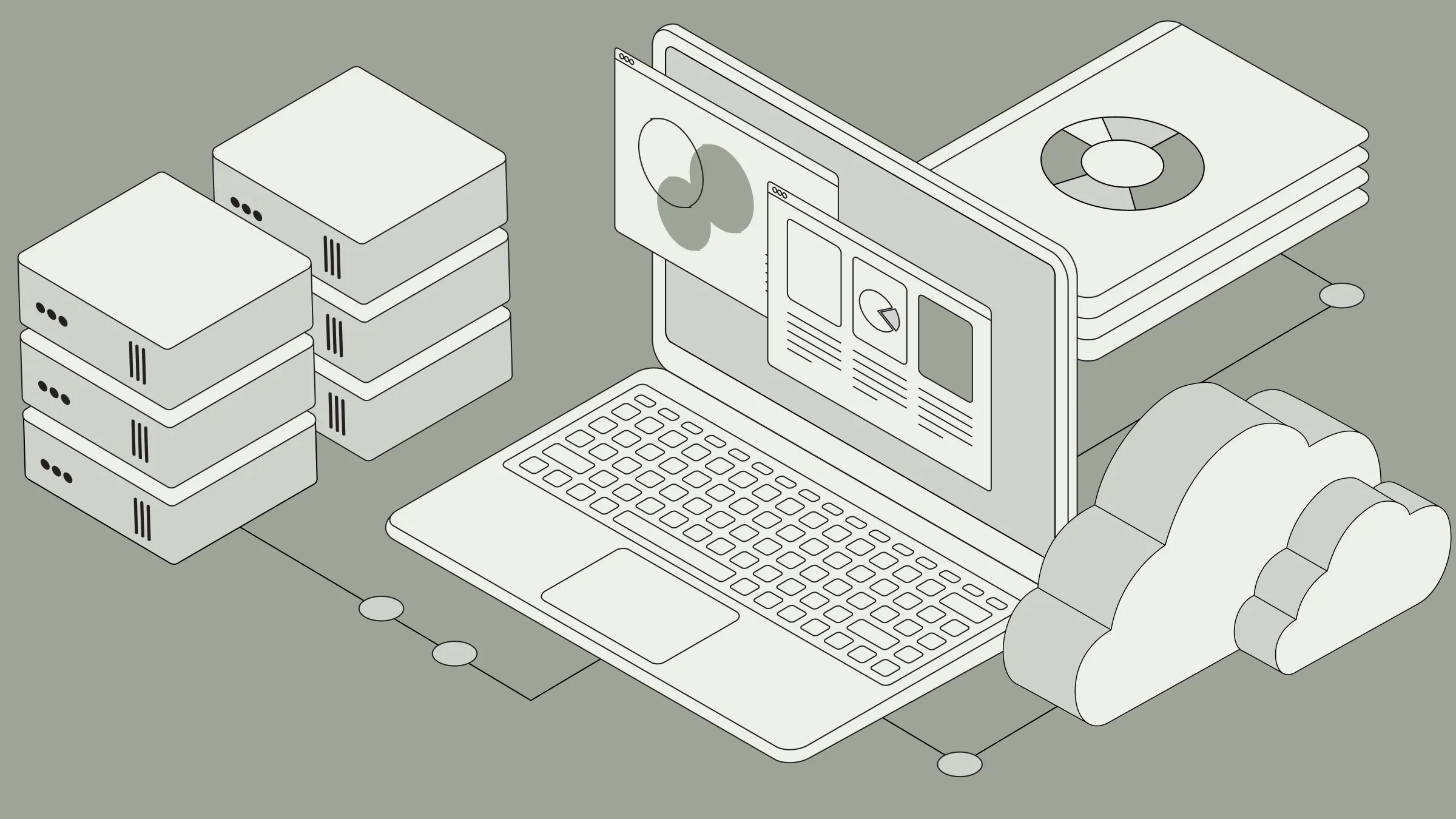 Isometric illustration of GPU cluster infrastructure with monitoring dashboard and cloud computing elements
