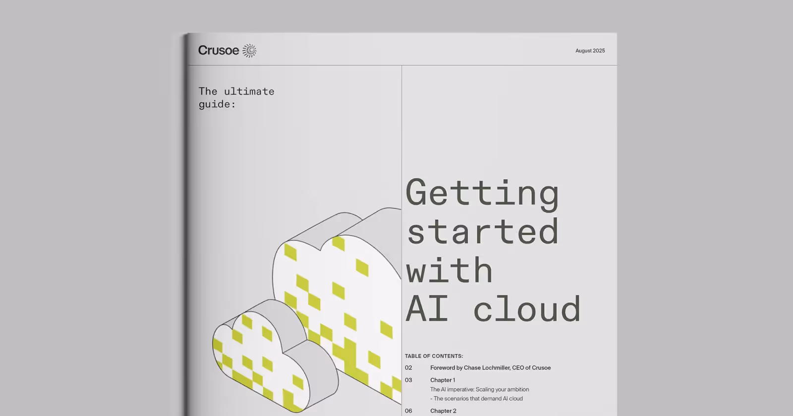 Cover of a brochure titled 'Getting started with AI cloud' by Crusoe, with an abstract cloud graphic and a table of contents listing chapters on AI cloud scaling, architecture, real-world impact, onboarding, infrastructure, and ClusterMAX Gold Standard, dated August 2025.