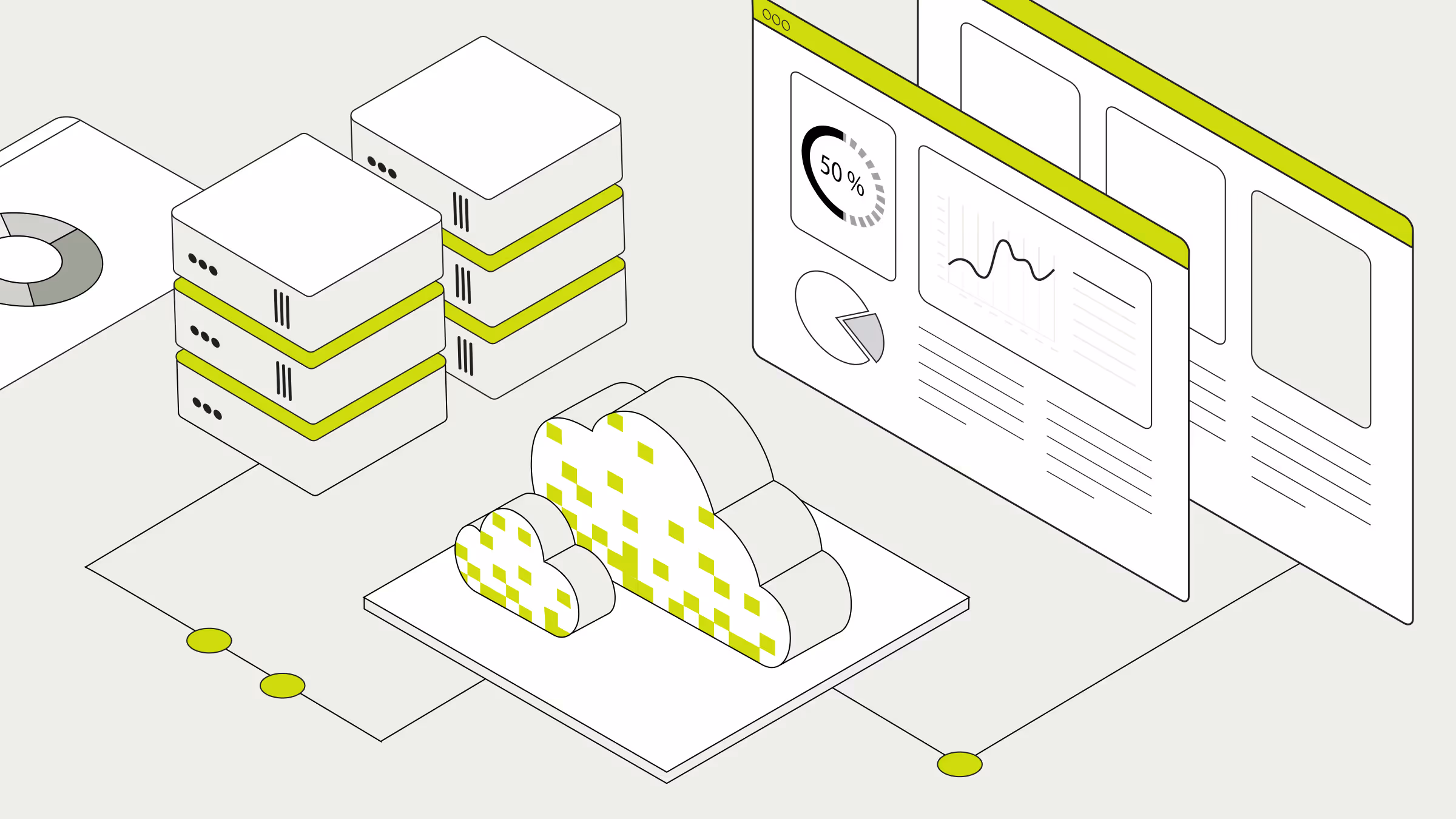 Illustration demonstrating a control panel with information flowing from one screen to another.