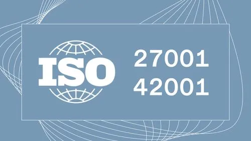 ISO 27001 and ISO 42001 certification logos displayed on Crusoe branded graphic
