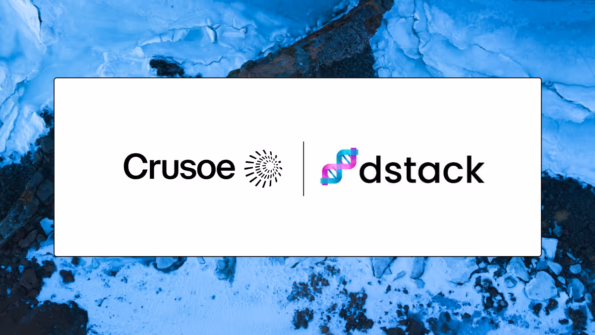 Crusoe and dstack logos on a white card set against an aerial view of icy blue terrain, representing the Crusoe and dstack infrastructure partnership.