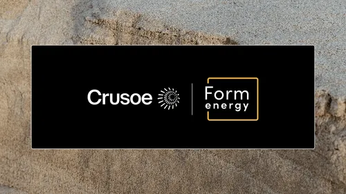 Crusoe logo alongside Form Energy logo with nature in background