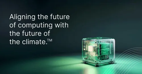 Promotional image the tagline 'Aligning the future of computing with the future of the climate™, ' alongside a transparent GPU.