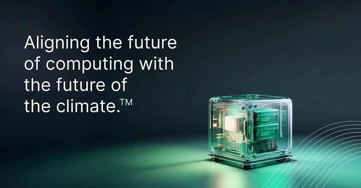 Promotional image the tagline 'Aligning the future of computing with the future of the climate™, ' alongside a transparent GPU.