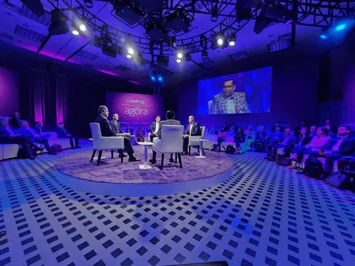 Photo from the stage at CERAWeek where AES CCO Kleber Costa discussed AI's growing energy demand and the need for renewable solutions.