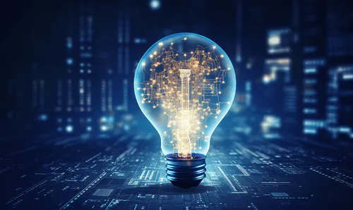 An illuminated light bulb filled with intricate digital circuits and glowing connections.