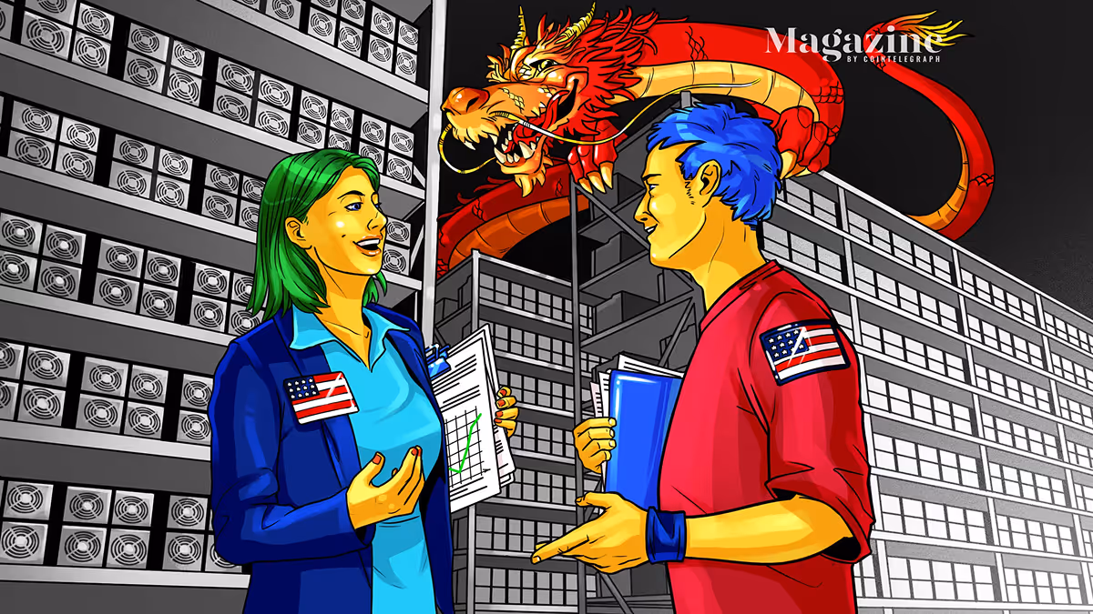 Illustration depicting two Americans working at a data center.