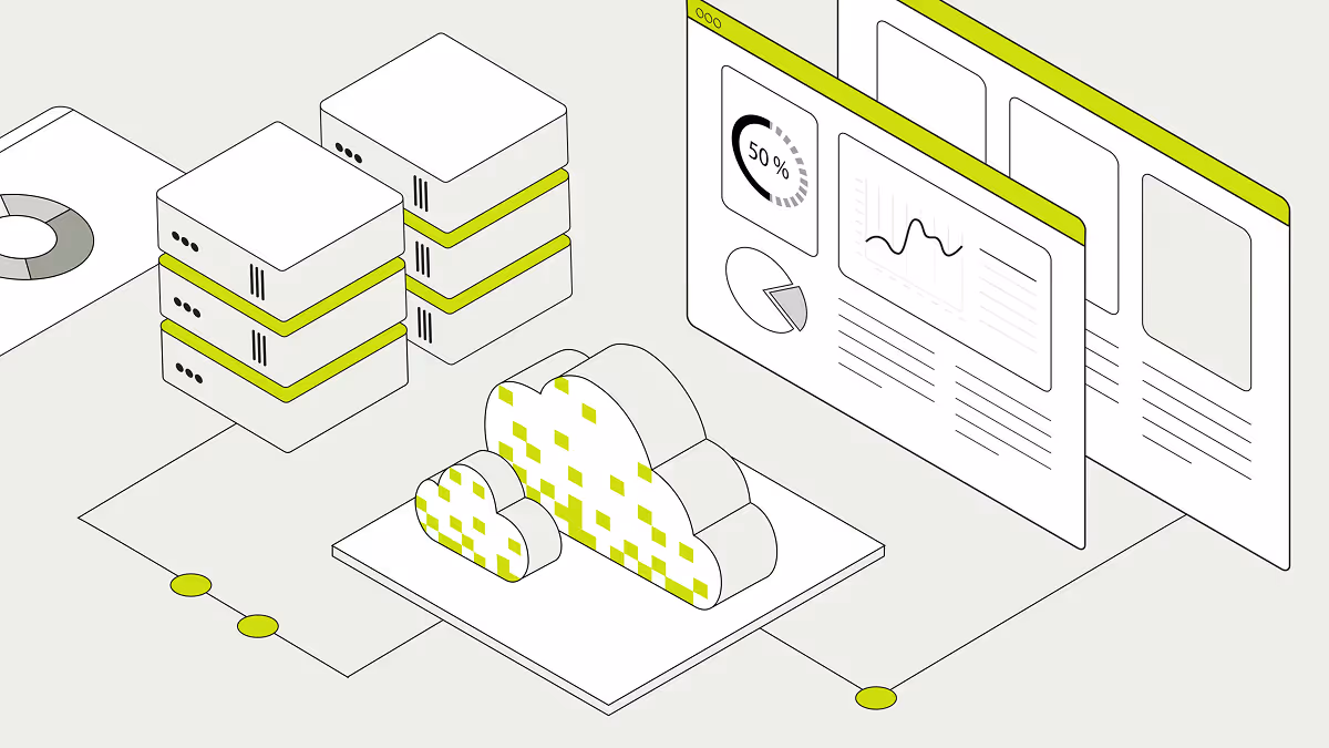 Isometric illustration of cloud servers and a monitoring dashboard representing Crusoe Command Center.