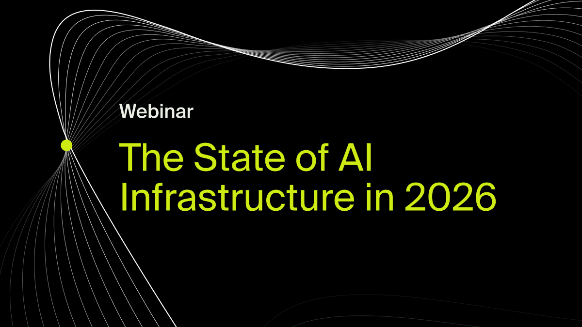 Webinar: The State of AI Infrastructure in 2026 — title card with white curved lines radiating from a Hi-Vis Yellow point on a black background