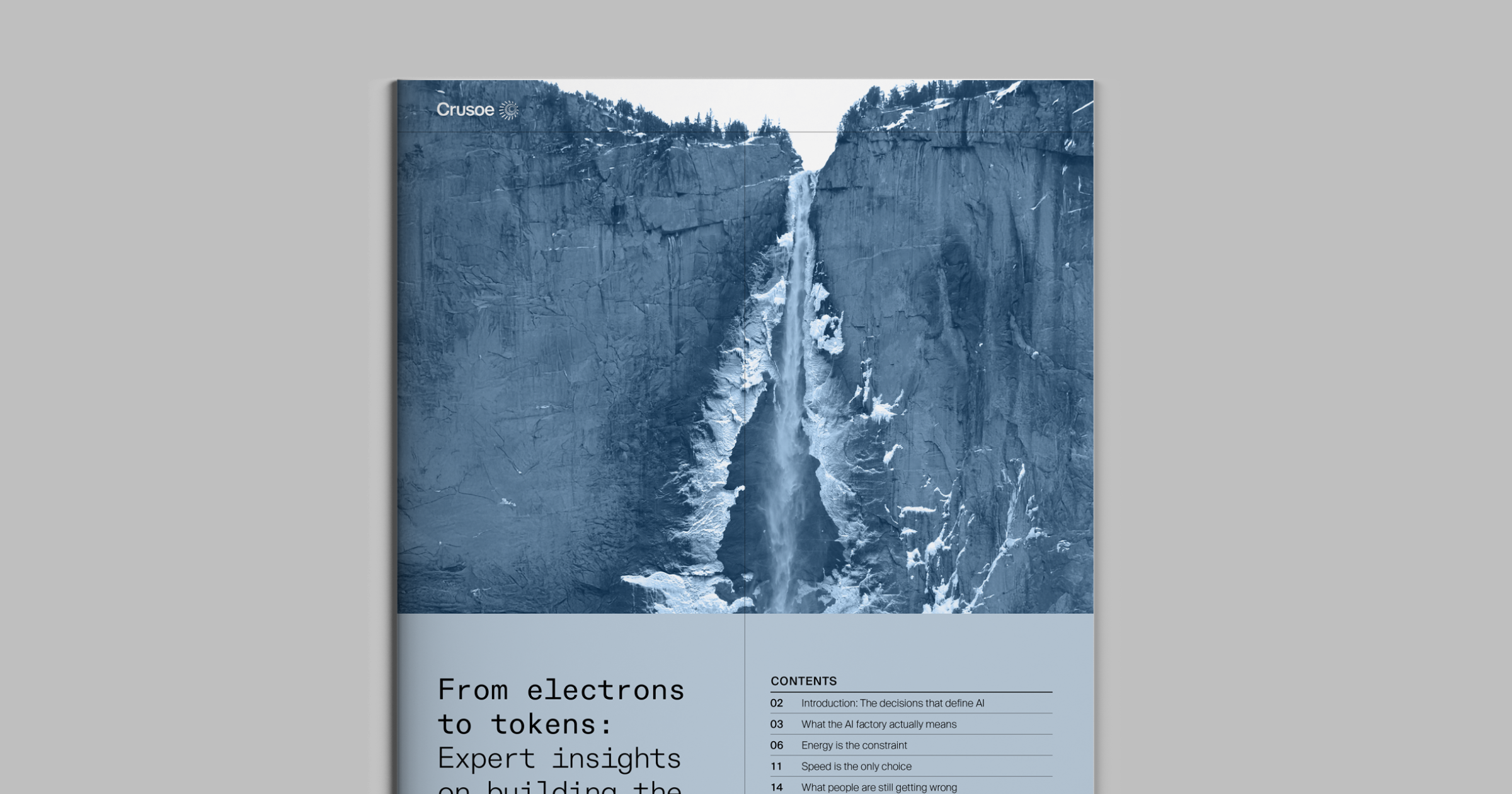 Image of ebook report stating "From electrons to tokens" with image of a waterfall.