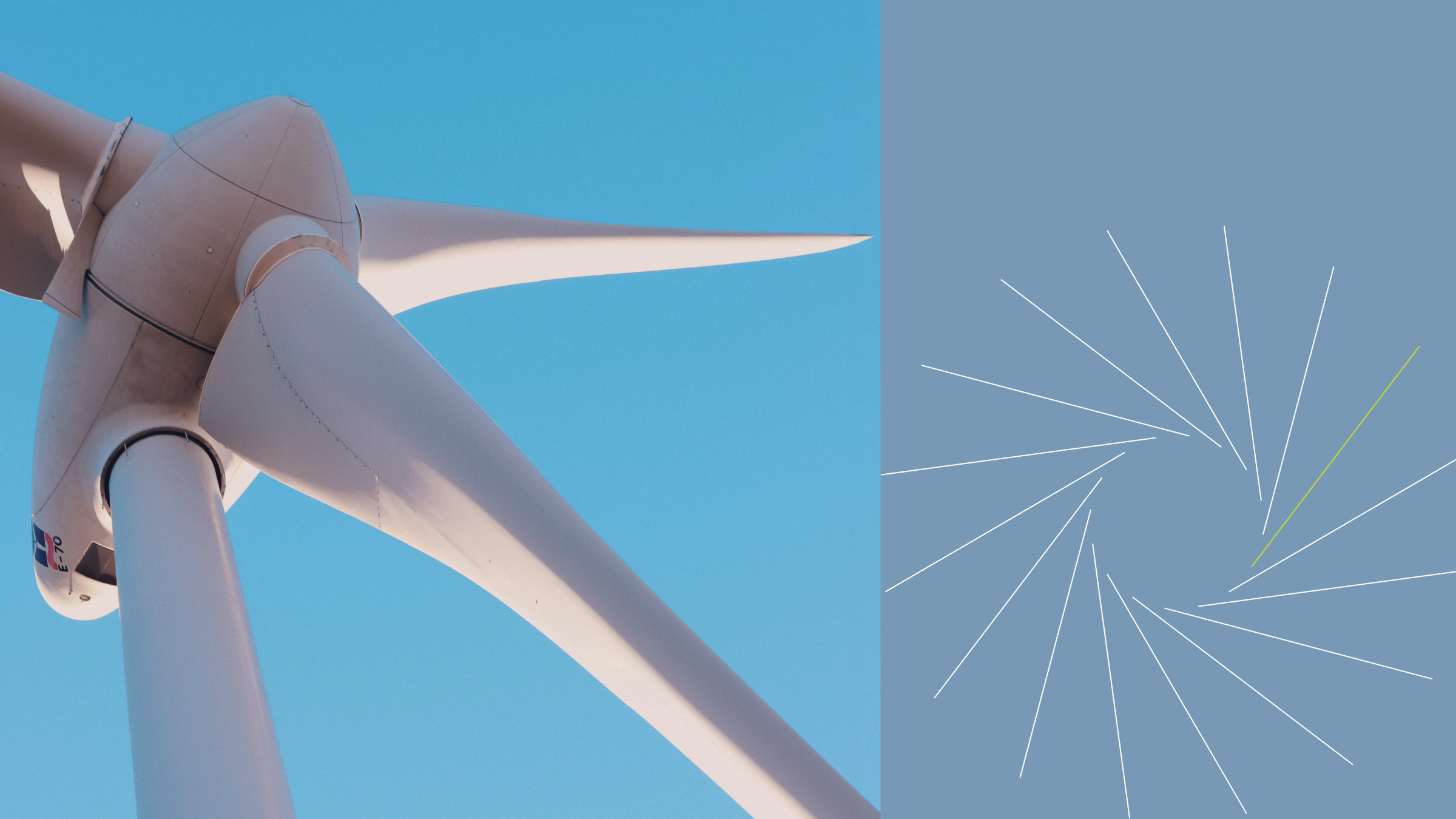 Wind turbine blades photographed from below against a clear blue sky, with an abstract graphic of radiating white and yellow lines on a slate blue background