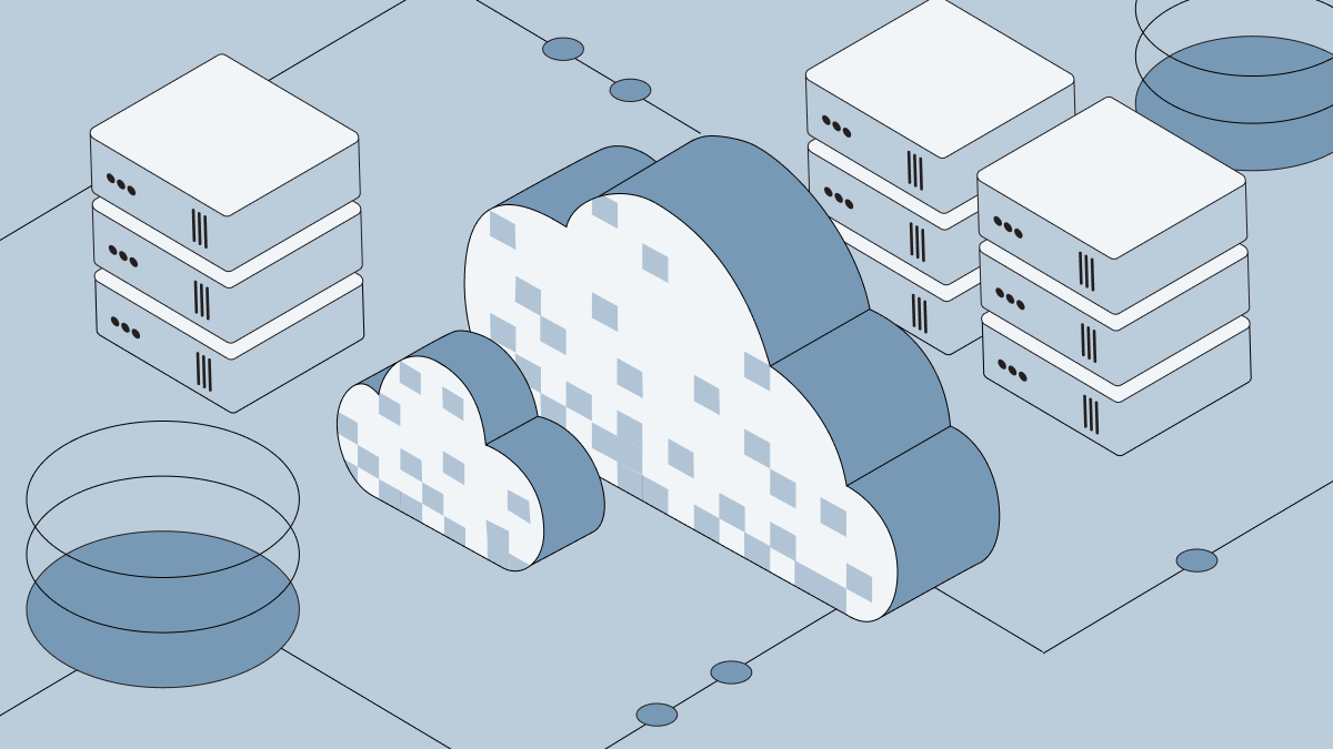 Isometric cloud, server racks, and storage disks representing Crusoe's managed inference infrastructure.