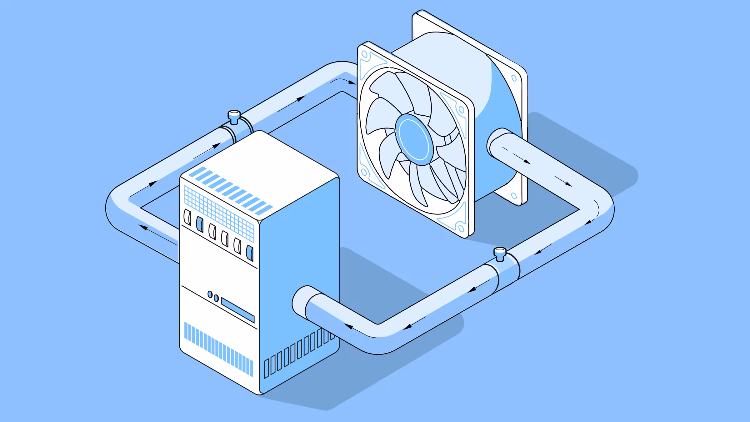 Isometric illustration of a server connected to a closed-loop liquid cooling system with pipes and a fan on a blue background