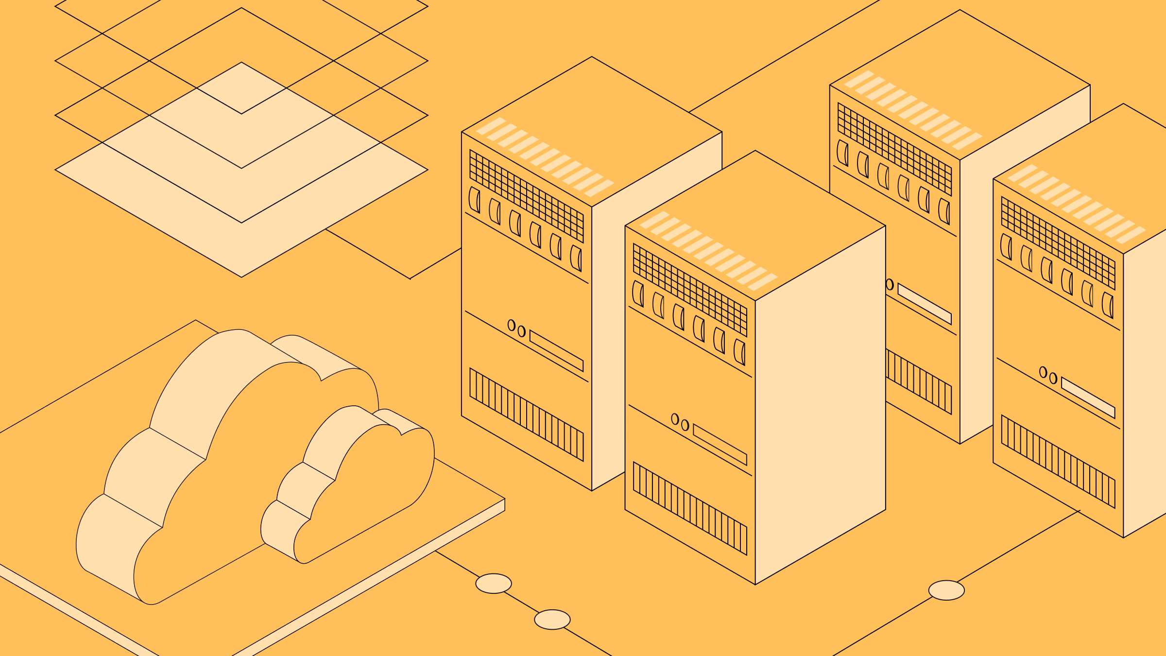 Isometric illustration of server racks connected to a cloud infrastructure on an amber background, representing large-scale AI cloud benchmarking.