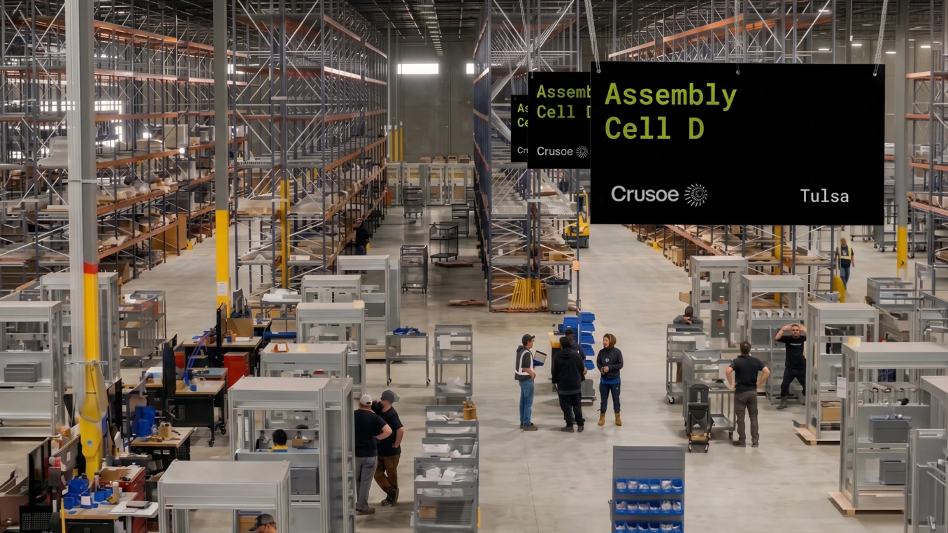 High-angle view of Crusoe's 2nd Tulsa facility, a large, manufacturing warehouse facility featuring rows of tall industrial metal shelving stretching down a wide concrete aisle. In the foreground and mid-ground, several workers in casual work attire gather near metal equipment racks, modular workstations, and grey parts carts. Overhead, black signs hang along the aisle, with the closest sign prominently displaying the lime-green text Assembly Cell D above a white Crusoe logo and Tulsa label, with matching signs for other assembly cells receding into the distance.