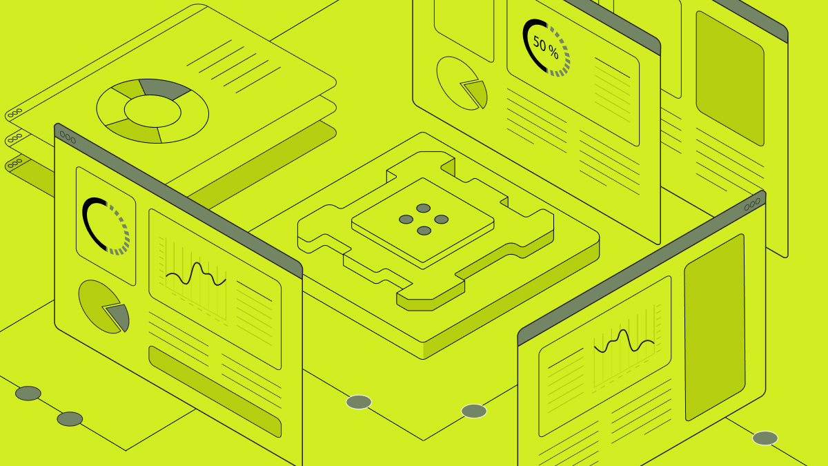 Isometric illustration of a CPU chip surrounded by performance charts, representing fastokens tokenizer benchmarks.