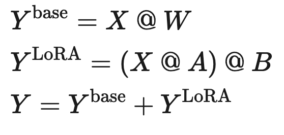 Y base equals X times W. Y LoRA equals X times A, then times B. Y equals Y base plus Y LoRA.