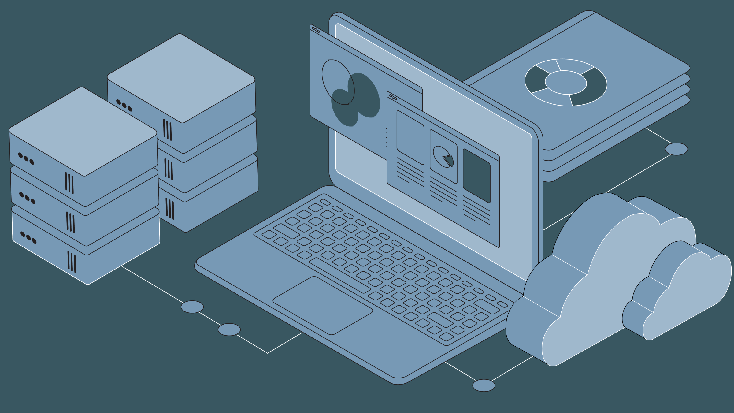 Isometric slate-blue illustration of a laptop with dashboards beside a cloud, representing MLflow tracking and tracing