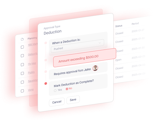 A dashboard showing a Deduction tab for approval of next steps.