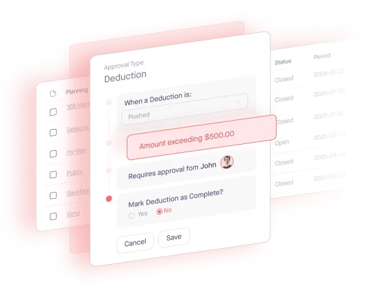 A dashboard showing a Deduction tab for approval of next steps.