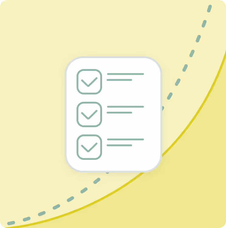 The icon of a list with three checkmarks near it. The background shows yellow shades and a pointed green line. 