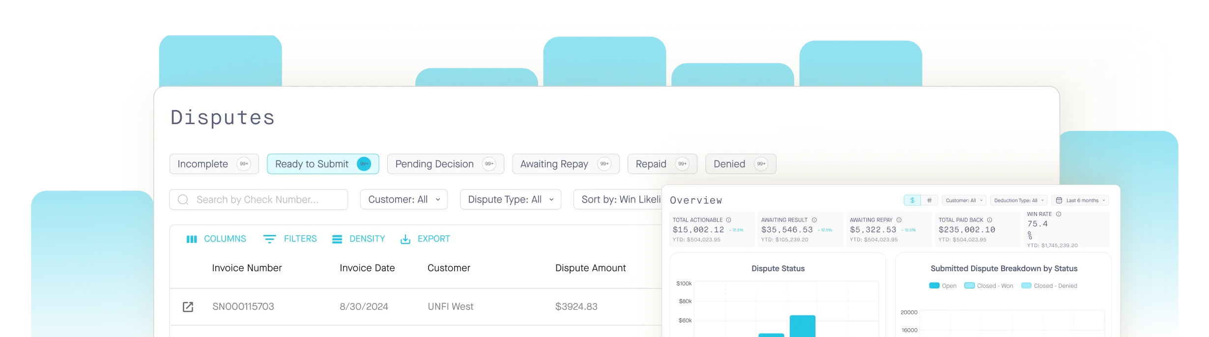 User interface showing dispute status with invoice details, filters, and summary charts for payment disputes.