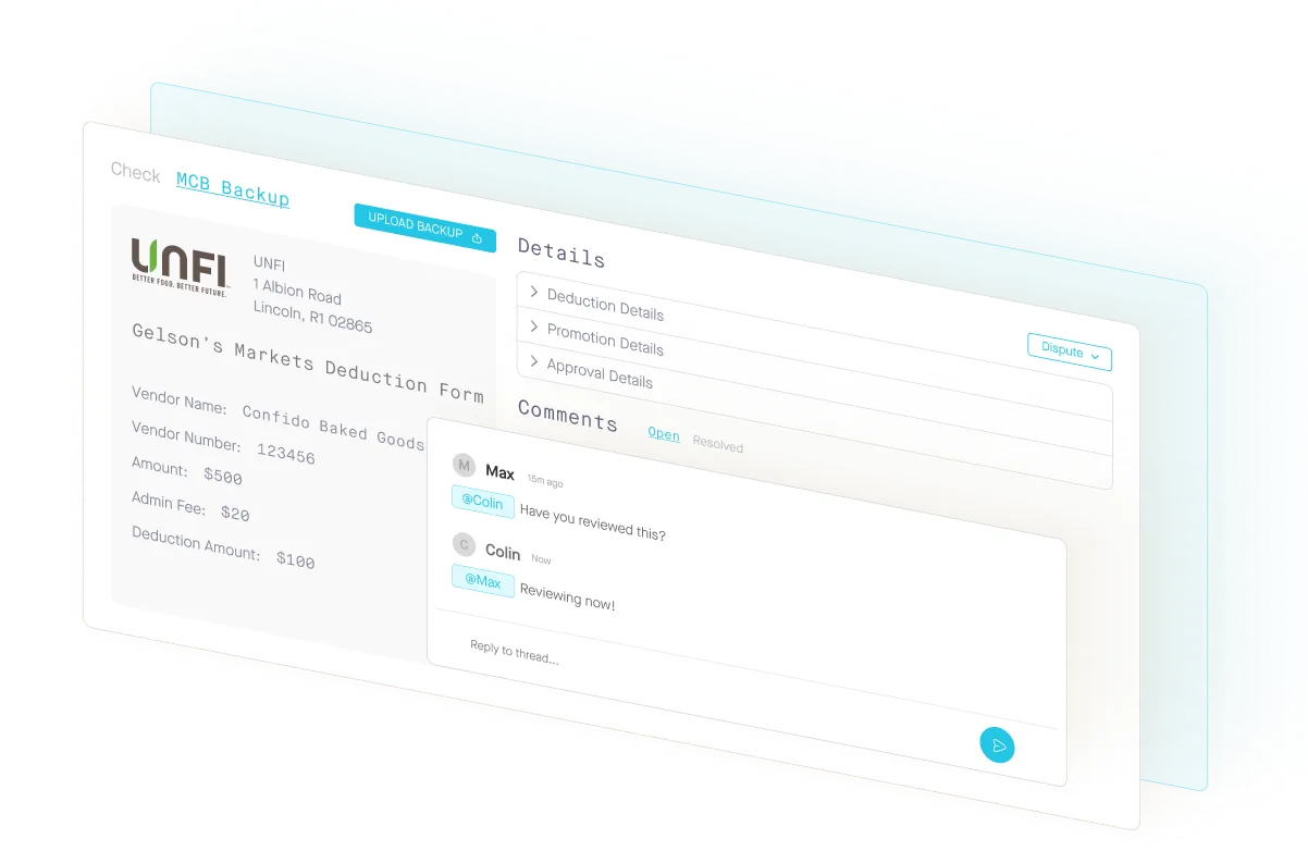 User interface showing Gelson's Markets Deduction Form and a conversation comment thread between Max and Colin.