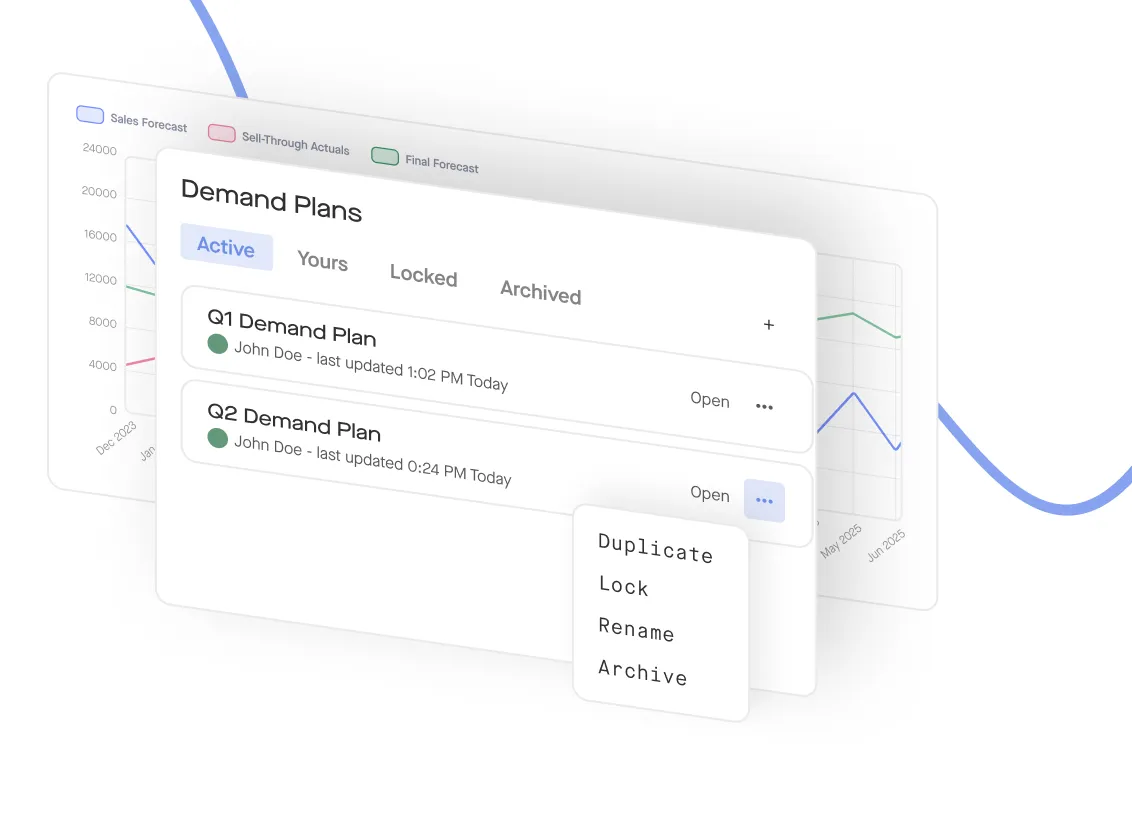 User interface showing Q1 and Q2 demand plans with options to open, duplicate, lock, rename, or archive.