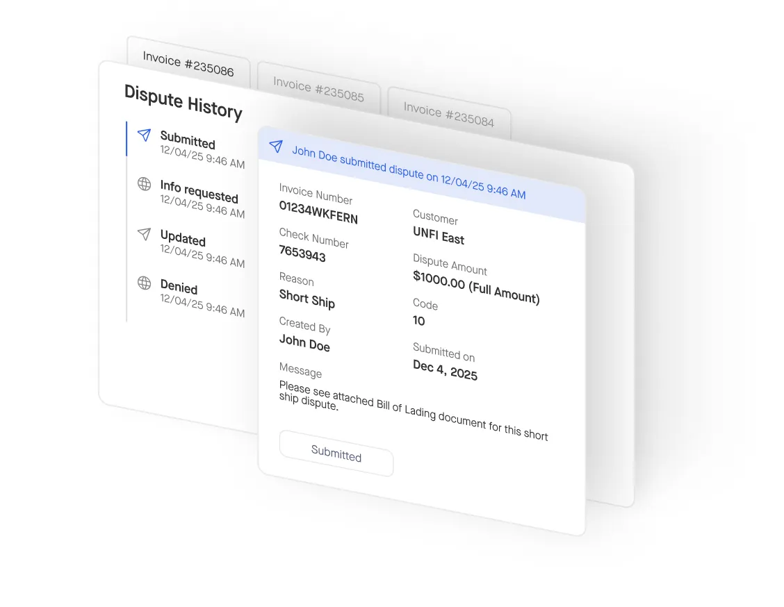 Dispute History panel showing status updates and details of a submitted invoice dispute by John Doe.