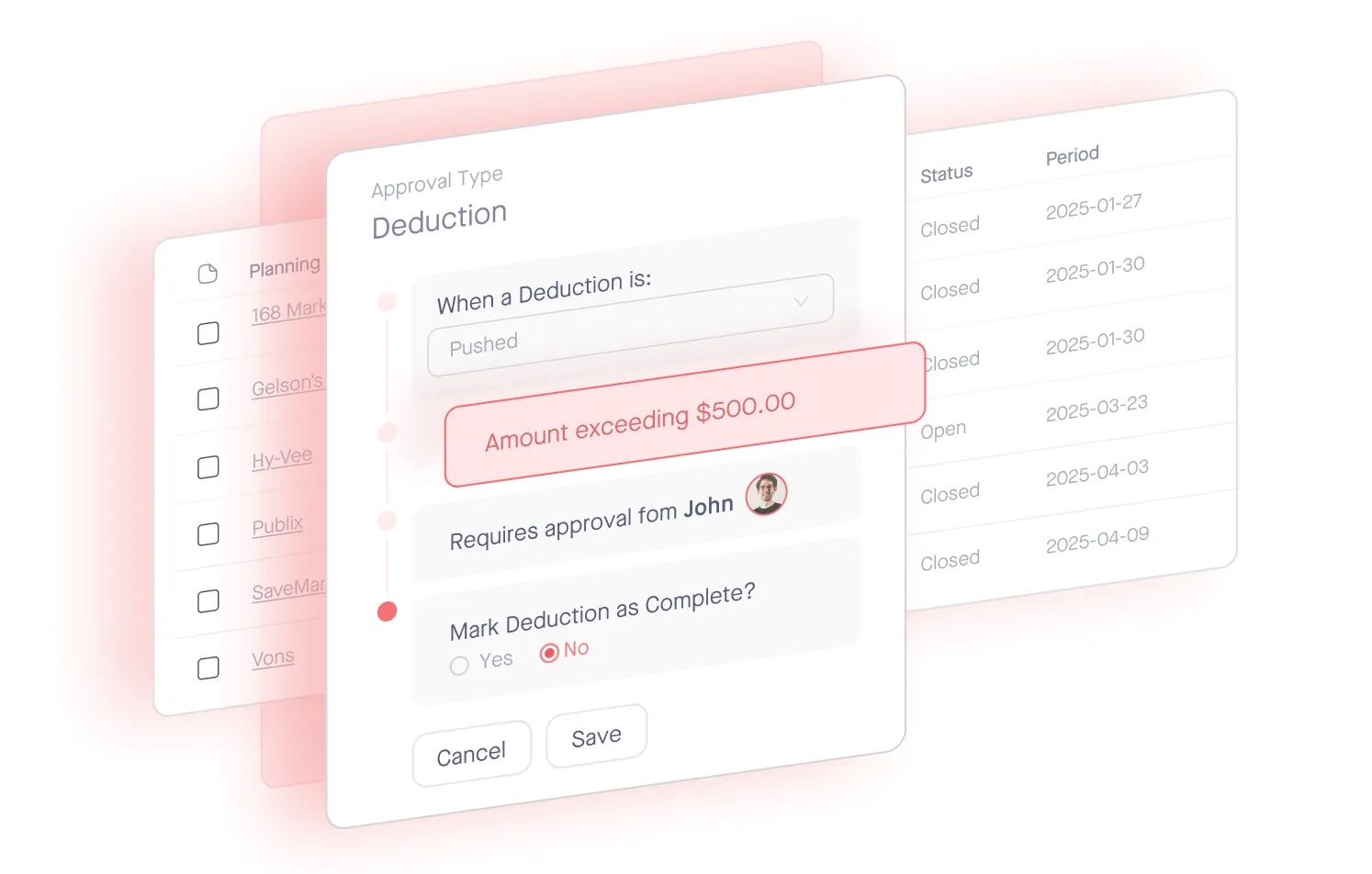 User interface showing deduction approval flow with amount exceeding $500 and approval required from John.