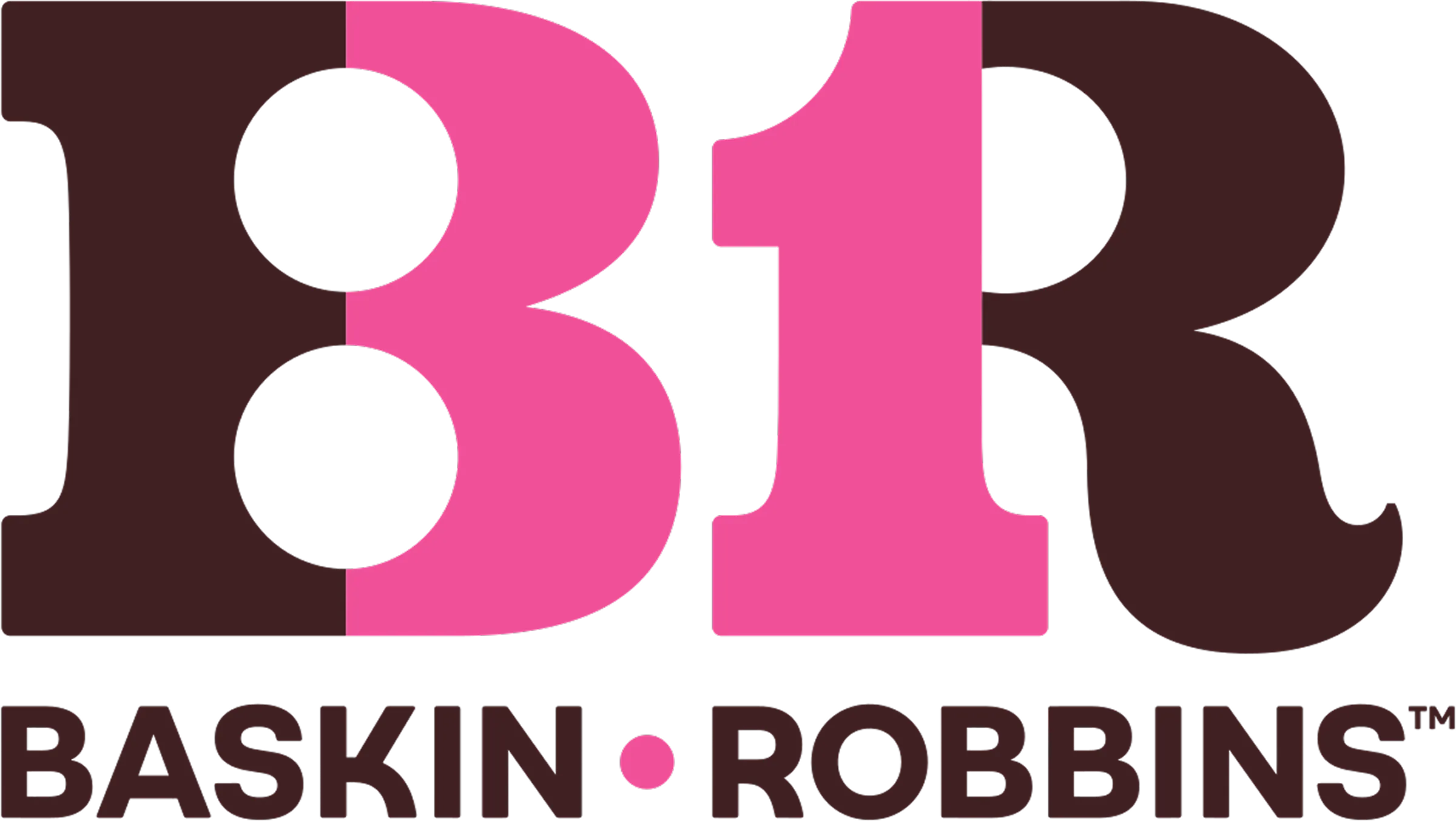 Baskin Robbins logo featuring large 'B1R' with pink and dark brown colors.