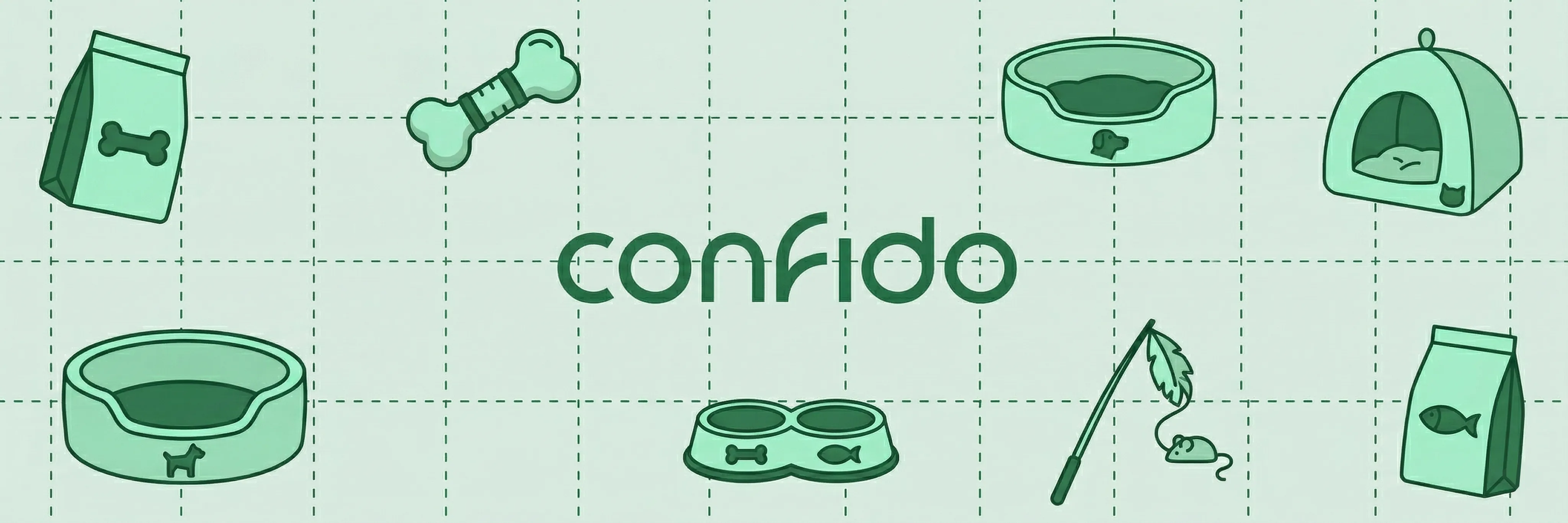 Confido logo surrounded by pet icons: food bags, dog bone, bowls, bed, and toy mouse on a fishing pole.