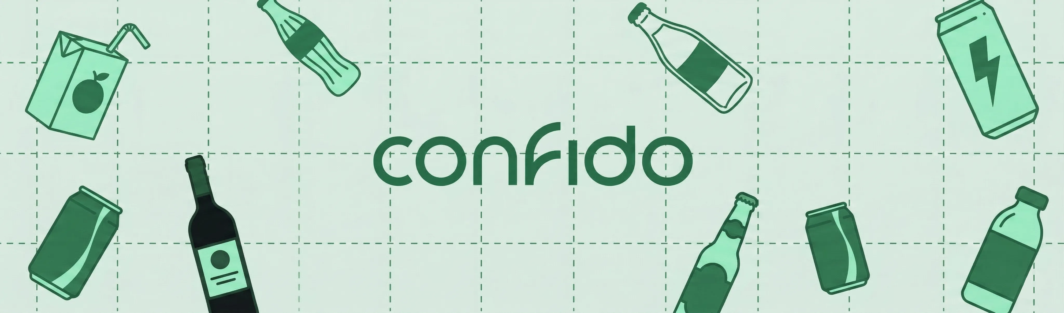 Green background with scattered beverage icons and the word 'confido' in the center.