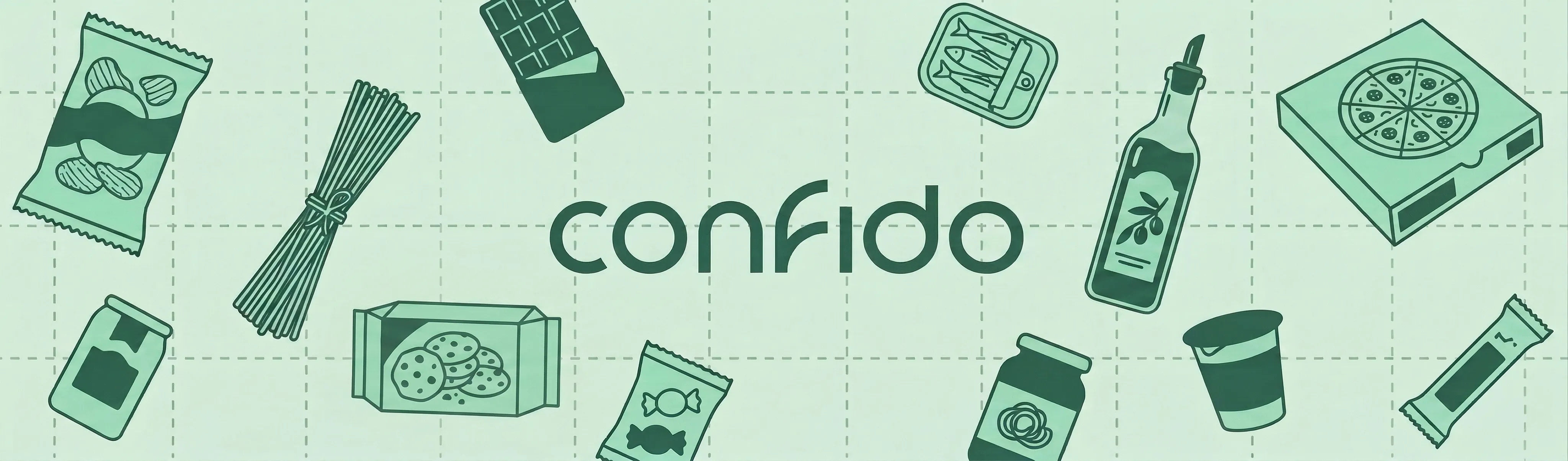 Green background with various food icons around the word confido in the center.