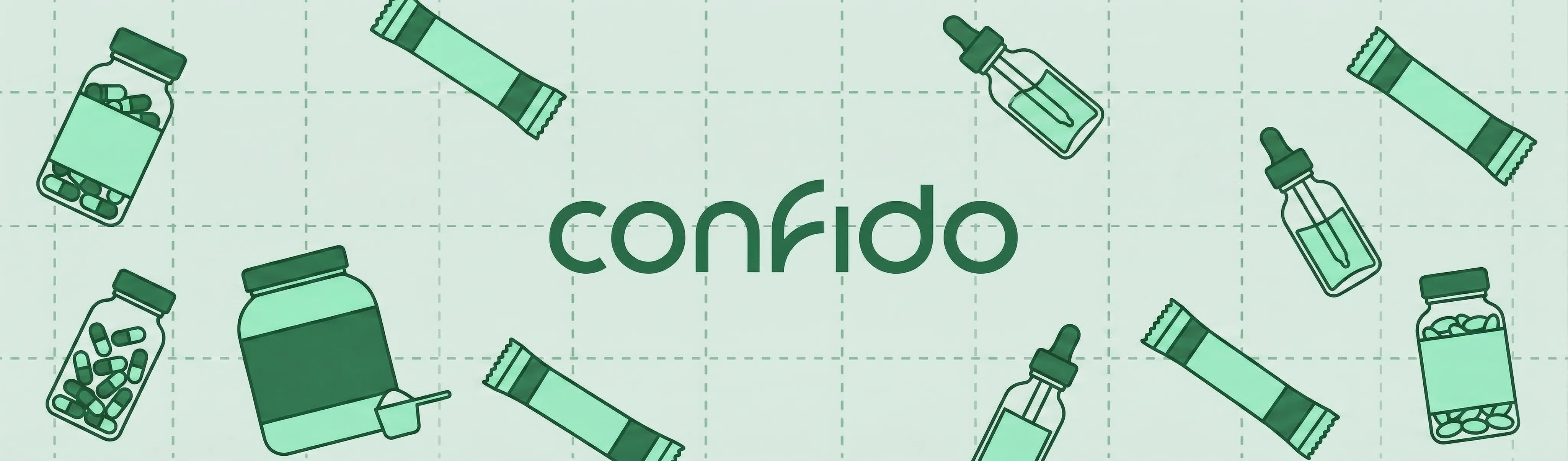 Illustrations of supplement bottles, dropper bottles, and nutrition bars around the word Confido.