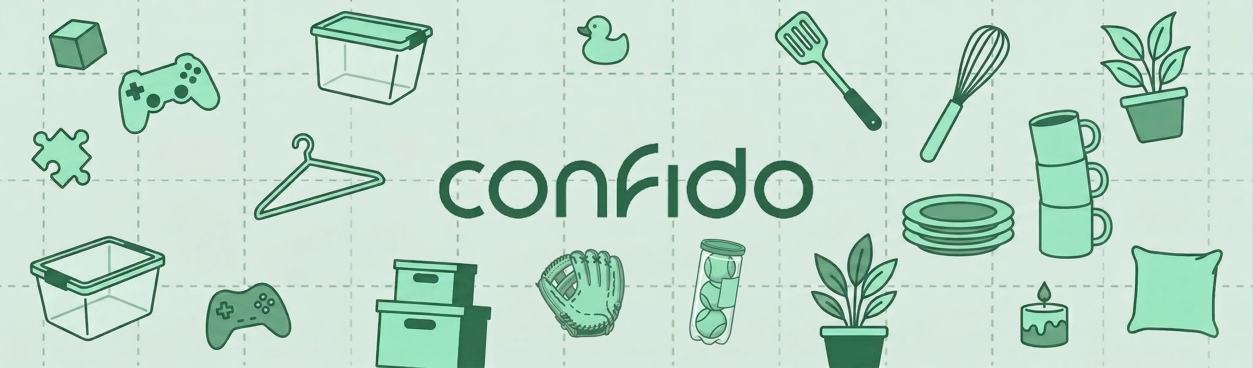 Confido logo surrounded by icons of home goods like containers, games, plants, kitchen utensils, and decor.