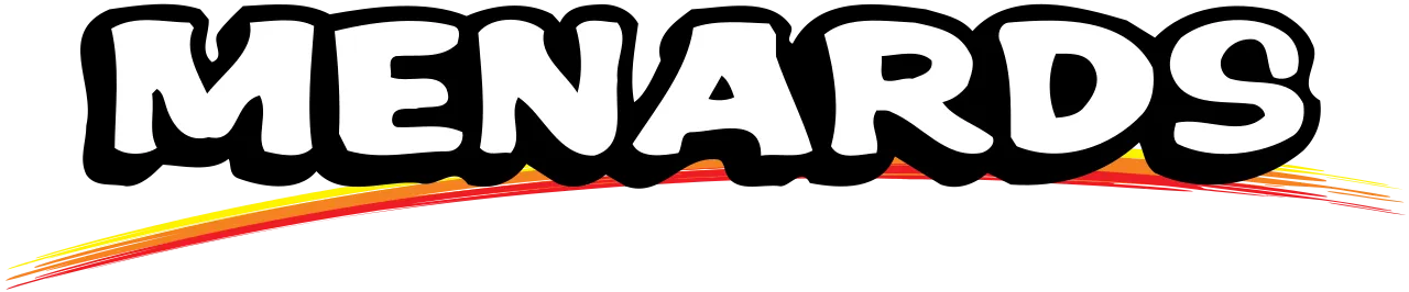 Menards text logo in bold white letters with a curved red and yellow striped underline.